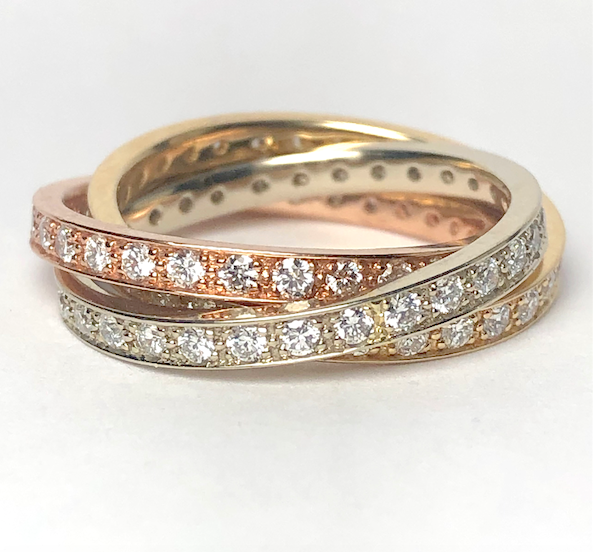 CJL New 14k Tri Color Rolling Style Three Band Diamond Ring. Curtis J