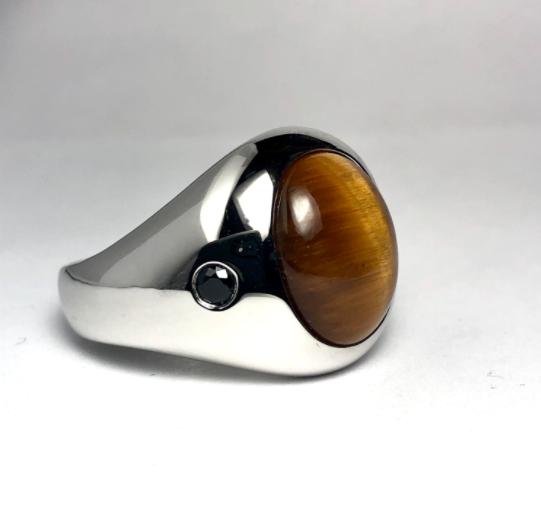 CJL Original sterling silver tiger eye and black spinel Gents Ring