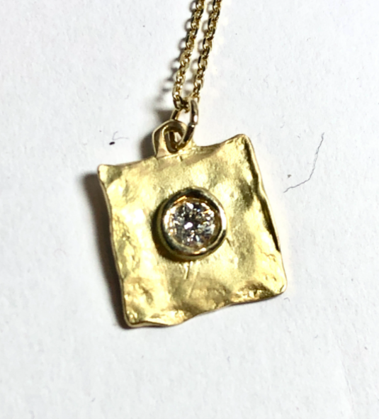 Original Artisan 18k gold diamond solitaire square Pendant with or