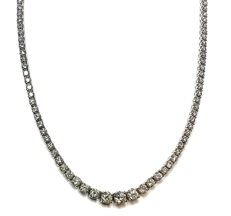 CJL New 14k white gold 9.32ct graduated natural diamond tennis necklace