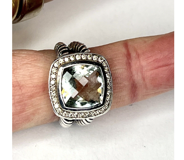 David Yurman Sterling Silver 11mm Albion Ring Prasiolite Diamonds size 7 Curtis J Lewis Fine Jewelry