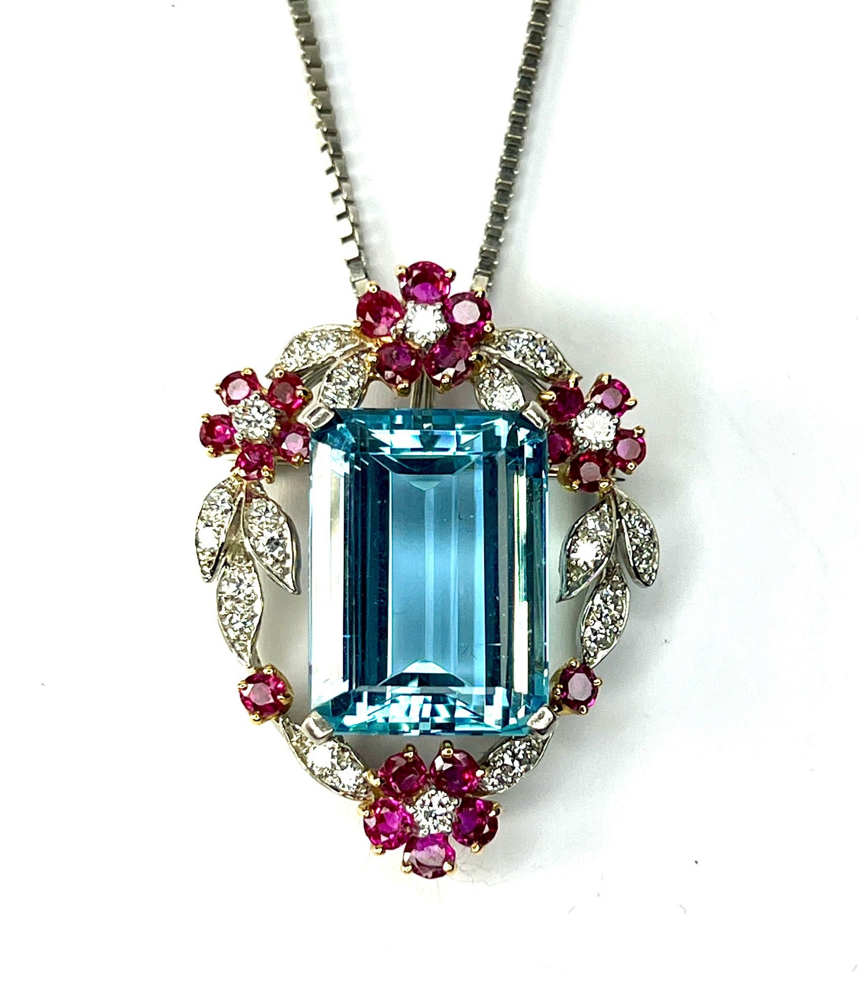 CJL estate Platinum and 18k Aquamarine ruby diamond pendant brooch with