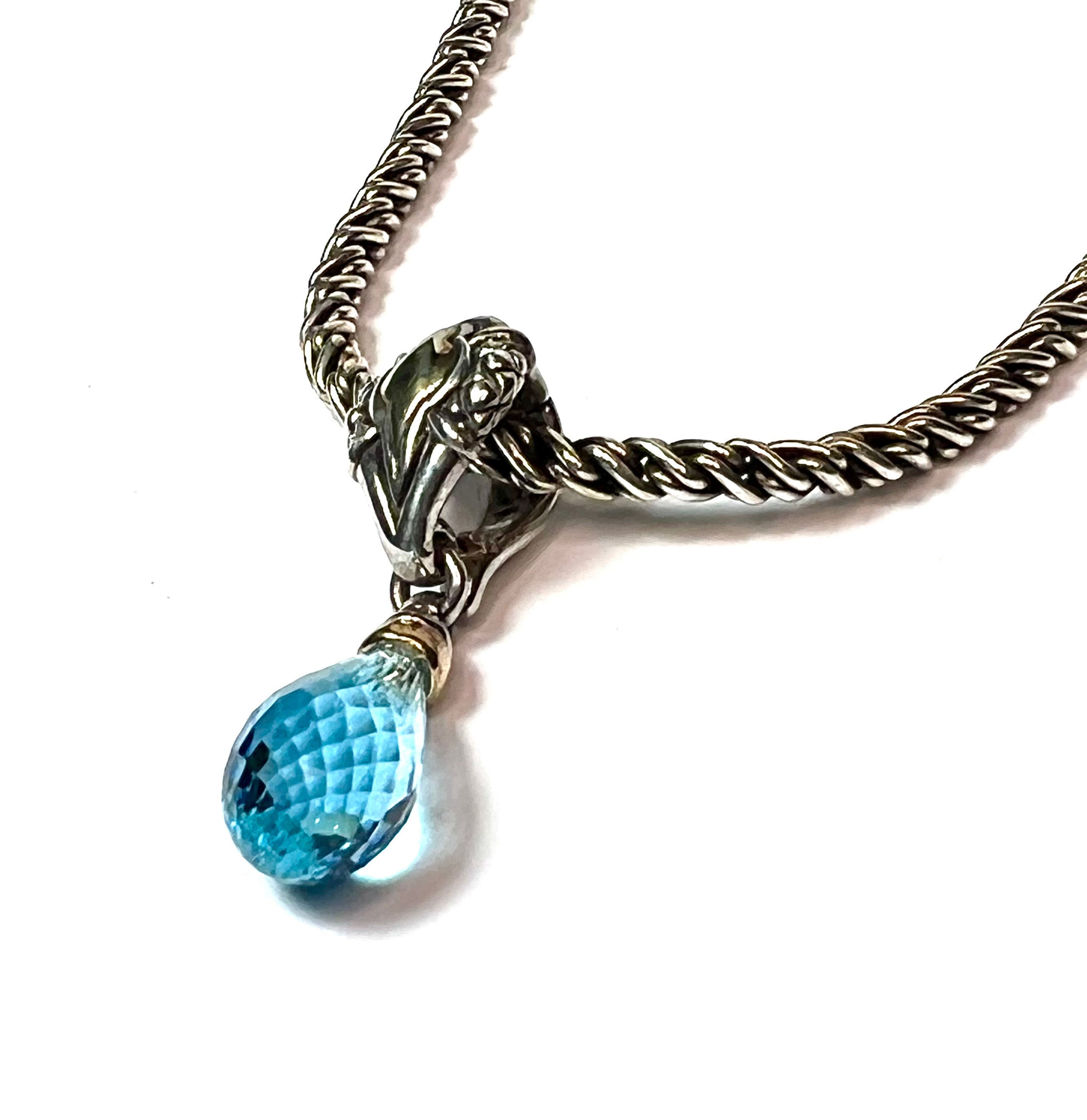 Scott Kay sterling silver 18k gold blue topaz drop pendant on sterling silver Indonesian rope chain 18